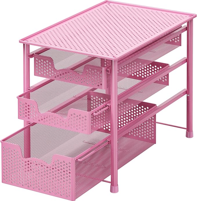Simple Houseware Stackable 3 Tier Sliding Basket Organizer Drawer, Pink