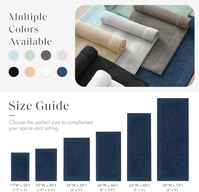 Madison Park Splendor Reversible 100% Cotton Bath Runner, 24 x 72, Navy | Tufted Bathroom Rug, 3000 GSM, Hotel Quality, Luxurious Plush, Medium Pile, Absorbent, Quick Dry, OEKO-TEX, Shower Room Décor