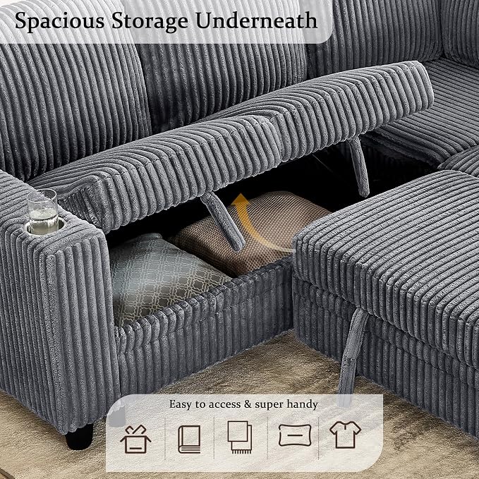 L-Shaped Sectional Sleeper Sofa with Pull Out Bed, Dark Grey | Plush Corduroy Modular Couch with Storage, USB Charging, Cup Holders – Cozy Cloud Couches for Living Room, Easy Assembly