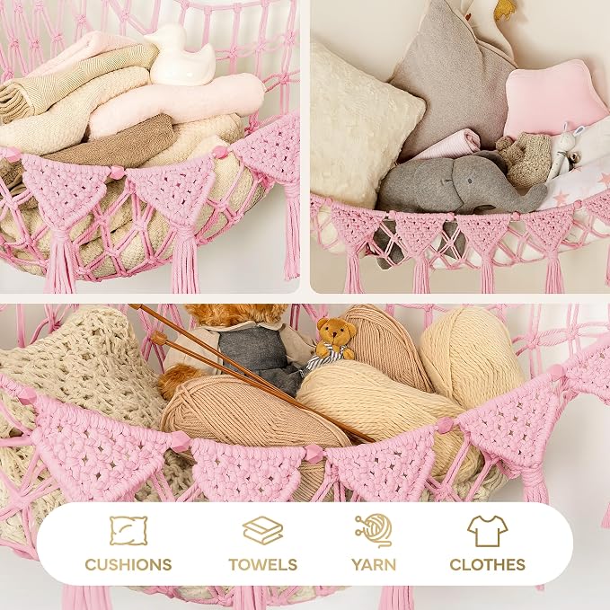 TIDYTEDS Stuffed Animal Hammock Corner | Sturdy Handcrafted Stuffed Animal Net | 4mm Double Macrame Cord Stuffed Animal Holder | Natural 100% Cotton Plushie Net | Toy Hammock w/LED Light (Pink)