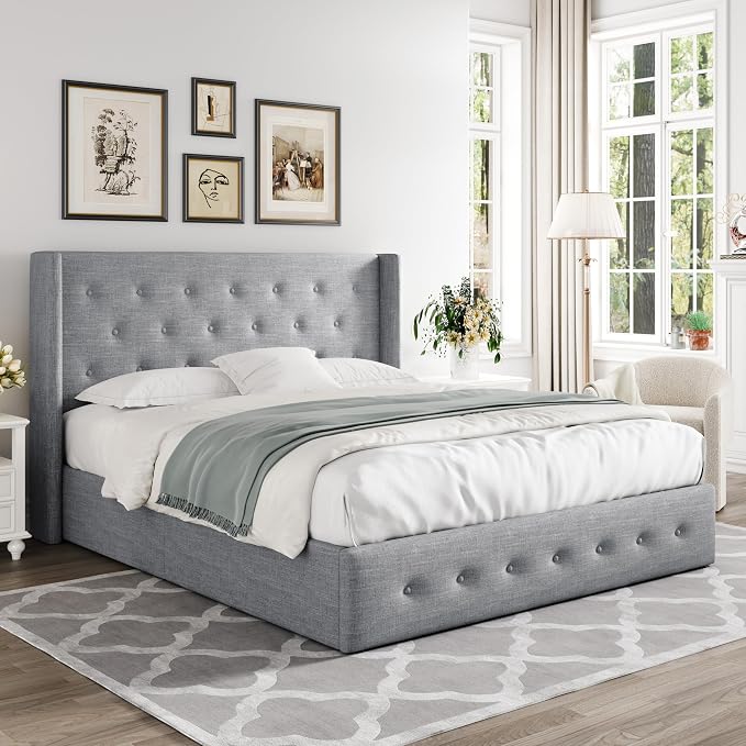 Allewie Full Size Lift Up Storage Button-Tufted Bed Frame Light Grey | Modern Wingback Headboard, Hydraulic Support Storage, No Box Spring Needed
