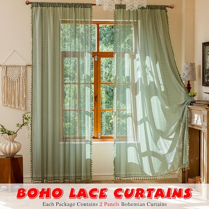Sutuo Home Sage Green Boho Sheer Curtains 2 Panels for Bedroom Living Room | Vintage Lace Curtains Drape Bohemian French Country Privacy Crochet Light Filtering Tassels Christmas Rod Pocket, 50" x 90"