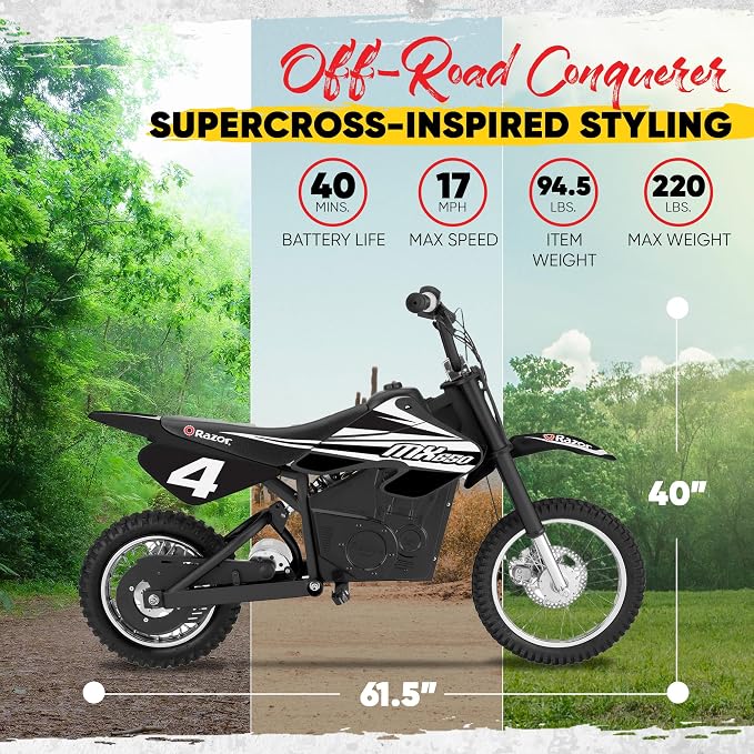 Razor MX650 Dirt Rocket Bike Electric Ride-On for Ages 16+, 220 lb Max Weight, Black – 36V Battery, Up to 17 Mph, 40-Min Run Time, Twist-Grip Throttle, 16” Front and 14” Rear Pneumatic Tires