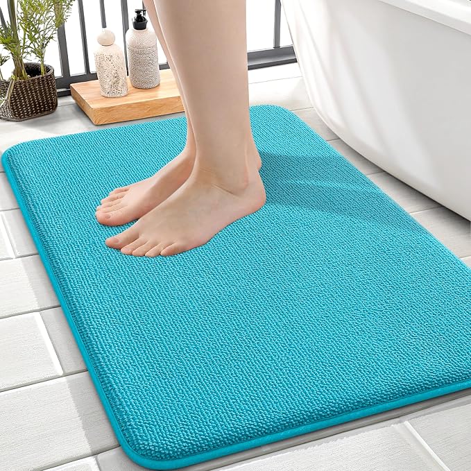 OLANLY Memory Foam Small Bathroom Rugs 24x16, Absorbent Bath Mat, Aqua Sky | Soft Quick Dry Bath Mat Rugs, Non-Slip, Machine Washable Mat for Bathroom Floor, Tub and Shower, Home Decor Accessories