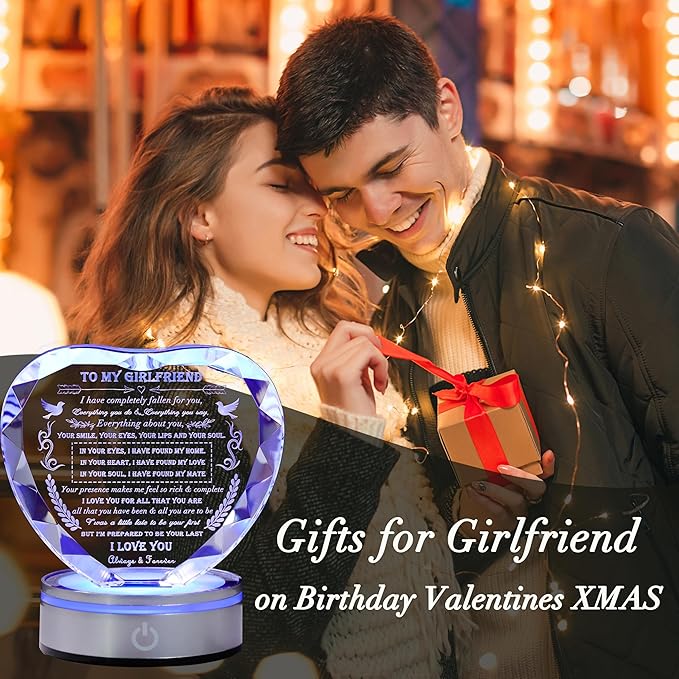 Qianwei Gifts for Girlfriend Unique - Crystal Heart Engraved Personalized Gifts for My Girlfriend on Christmas - Birthday Anniversary Wedding Valentines Day I Love My Girlfriend