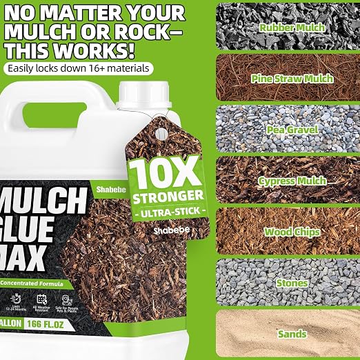 Mulch Glue for Landscaping 4 Gallon, High-Concentration Rock Glue, Gravel Binder with Ultra-Stick Grip, Covers 2X More Area for Pea Gravel, Mulch & Pebbles, Long-Lasting & Non-Toxic
