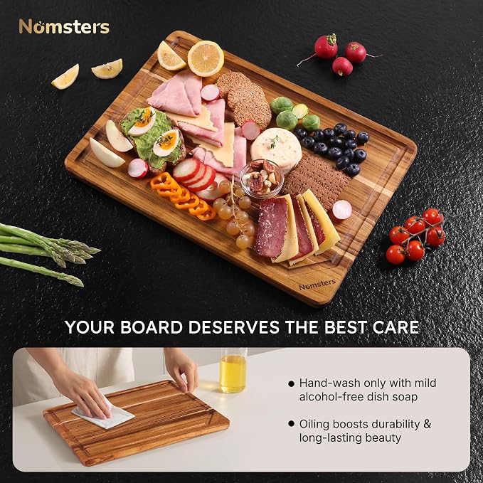 3 Pack Teak Wood Cutting Board Set with Holder Non Slip Over Sink Wooden Chopping Board for Fresh Meat Vegetable Thick Haus Perfect for Charcuterie Juice Groove Kitchen Accessories - FSC Certified