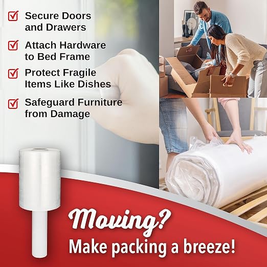 2 Pack Industrial Strength Mini Hand Stretch Wrap 5" 1000 Ft Roll 80 Gauge Thick, Shrink Wrap Roll for Moving Supplies, Furniture, Pallets, Plastic Wrap for Packing, Heavy Duty Stretch Film