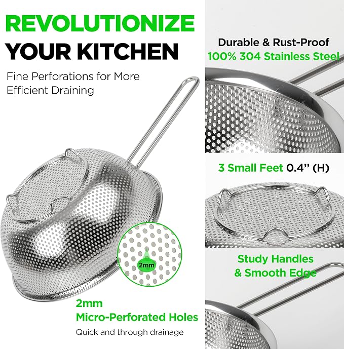 Premium 18/8 304 Stainless Steel Set of 3 – Micro-Perforated Strainer with Long Handle, Self-Draining Base for Pasta Rice Vegetables, 18/8 304 Heavy Duty (1.5, 2.5, 4 Qt) Made in Korea