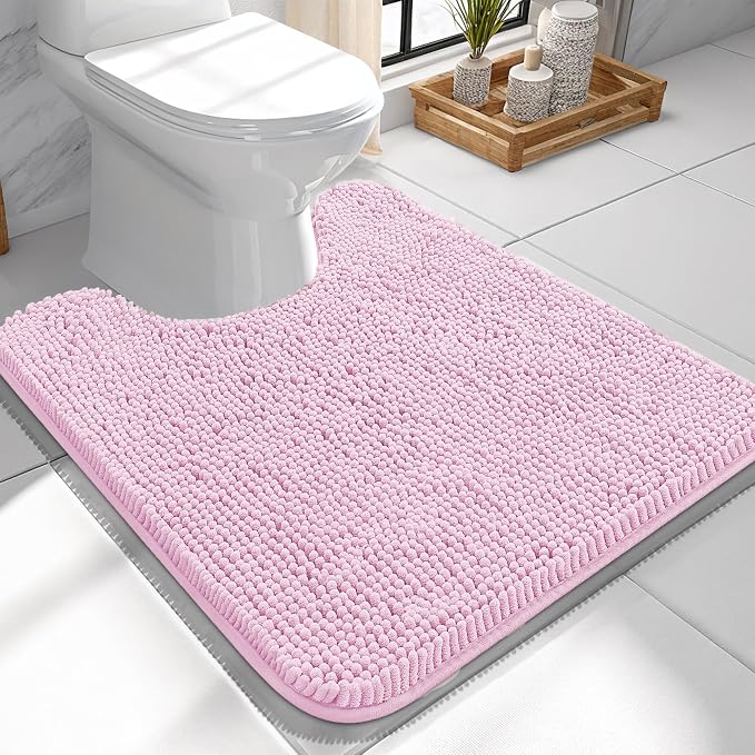 OLANLY Toilet Rugs U-Shaped 24x24, Extra Soft Absorbent Chenille Contour Bathroom Rugs for Toilet, Dry Quickly, Machine Washable, Non-Slip Bath Mat, Pink