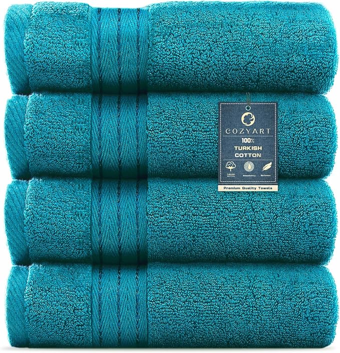COZYART Luxury Hand Towels 4 PCS, Teal 100% Turkish Cotton 650 GSM | OEKO-Tex 100 Certified Zero Twist Ring Spun, Soft Absorbent Quick Dry, Plush Fluffy, Breathable Hotel Quality for Daily Use
