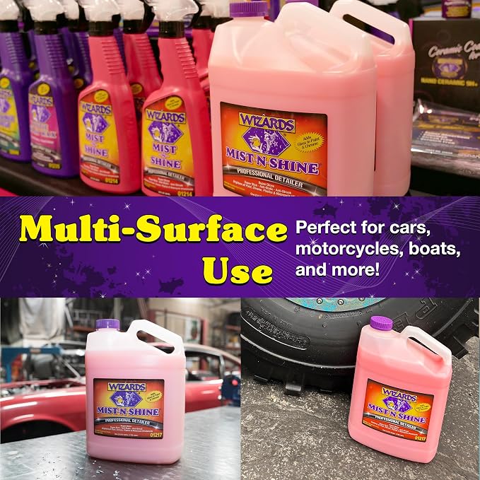 Wizards Mist-N-Shine Professional Car Detailing Spray - Quick Detailer Spray for Cars, Show-Car Gloss, Streak-Free Finish on Paint, Chrome, Glass and Plastic Trim, Wax-Free Formula - 1 Gallon Refill