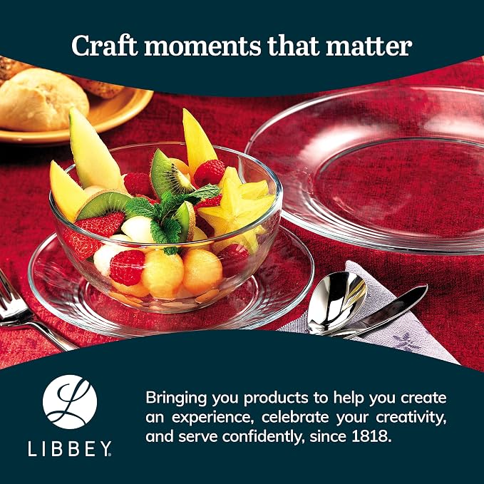 Libbey Round 12 Piece Glass Dinnerware Set, Stackable Glass Plate and Bowl Set w/Round Shape, Modern Plates and Bowls Sets for Gatherings, and Everyday Use