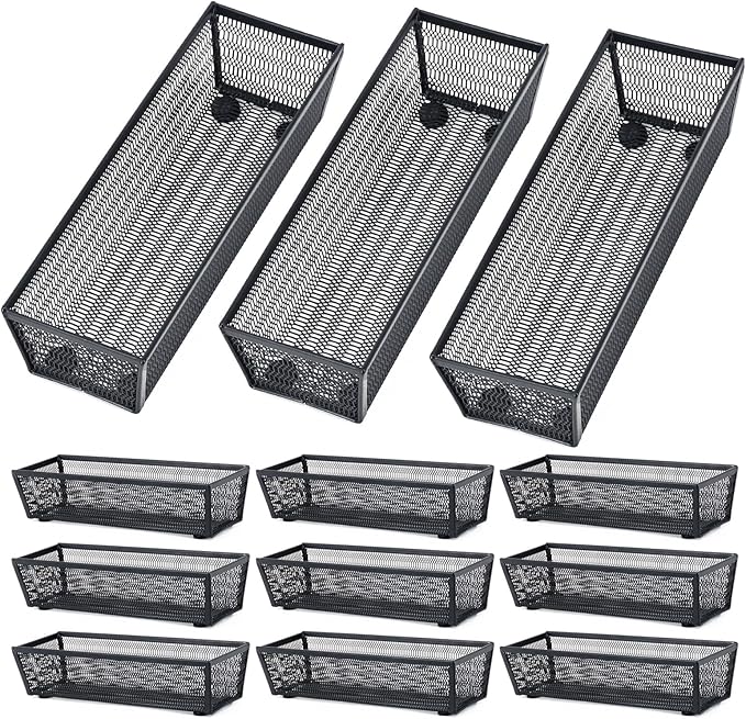 Neudeco Silverware Organizer, Black, 9 x 3 x 2 inch, Pack of 12 | Mesh Drawer Organizer, Metal Construction, For Kitchen Utensils & Flatware, Multi-Purpose Use