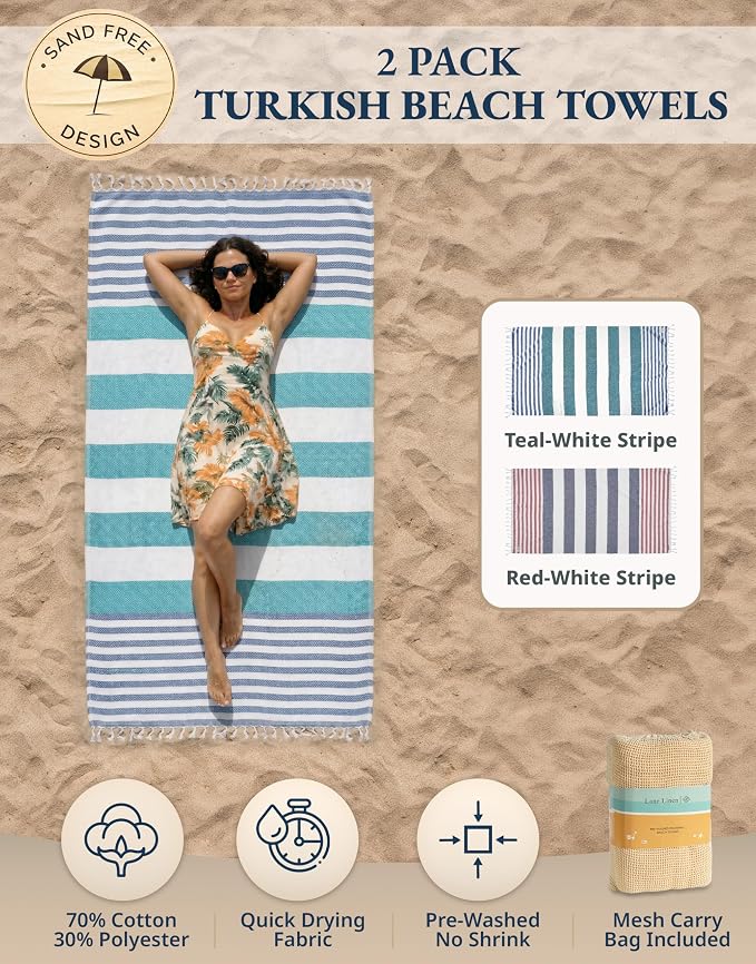 LANE LINEN Beach Towels for Women, Super Absorbent, XL - Old Glory Teal | 2 Pack Large Beach Towels Oversized - Pre-Washed, Sand Free Towel - Quick Dry, 39"x71", Vacation Essential, Machine Washable