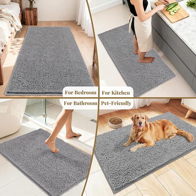Bathroom Rugs Mat 72 x 36, Thick Soft Absorbent Chenille Bath Rugs, Rubber Backing Bath Mats for Bathroom Floor, Tub, Shower, Bedroom, Home Decor Accessories, Quick Dry Machine Washable, Grey
