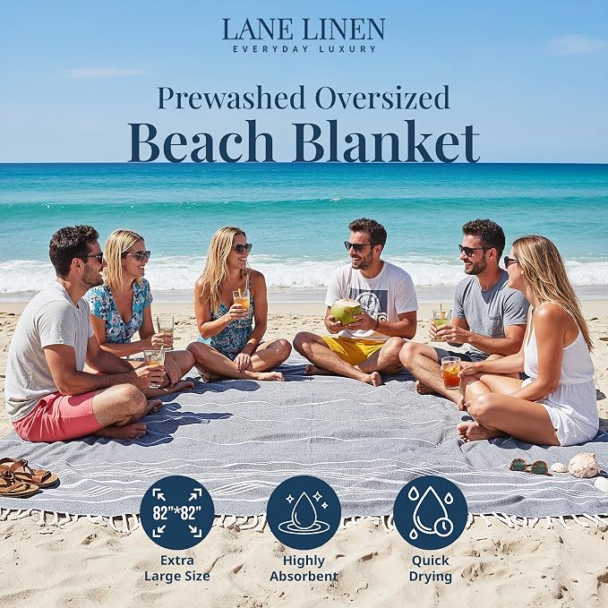 LANE LINEN Beach Blanket Sand Free, Cotton & Big Beach Towel - Smokey Black