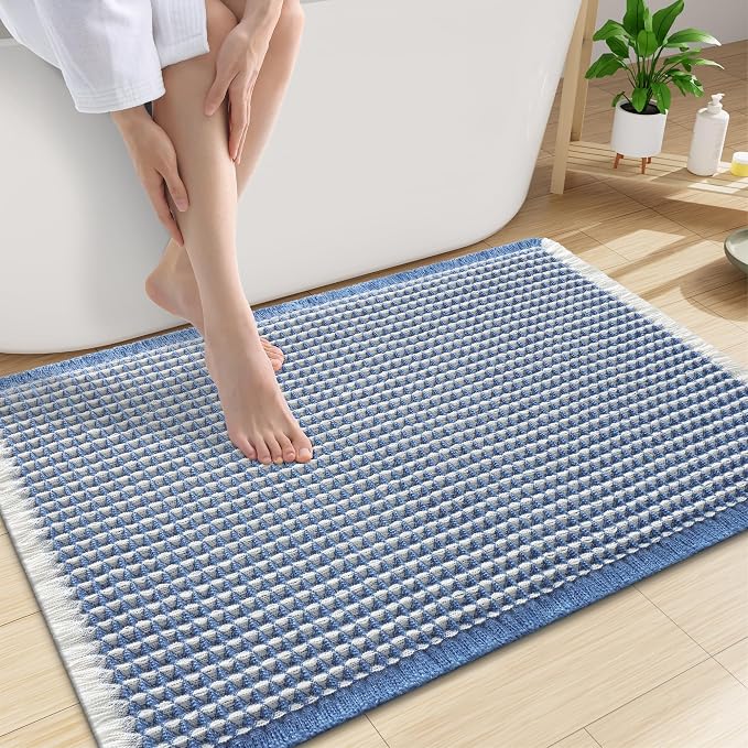 Smiry Waffle Bath Mat 30x20, Extra Soft Absorbent Bathroom Rugs, Non Slip Machine Washable Quick Dry Bath Rugs for Bathroom Floor, Tub, Shower, Home Decor Accessories, Blue & Cream