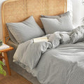 Wake In Cloud - Striped Cotton Duvet Cover Set, 100% Washed Cotton Textured Bedding Set, Ticking Stripe Pinstripe Farmhouse, 3 Pieces, Grey, Queen Size