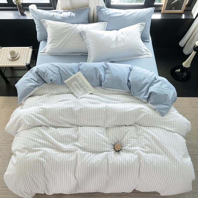 Reversible Duvet Cover Set 100% Washed Cotton Sky Blue Stripe Linen Feel Duvet Cover Full Size with Zipper Closure & 2 Pillow Shams,Sky Blue/White Stripe Reverse Solid Sky Blue