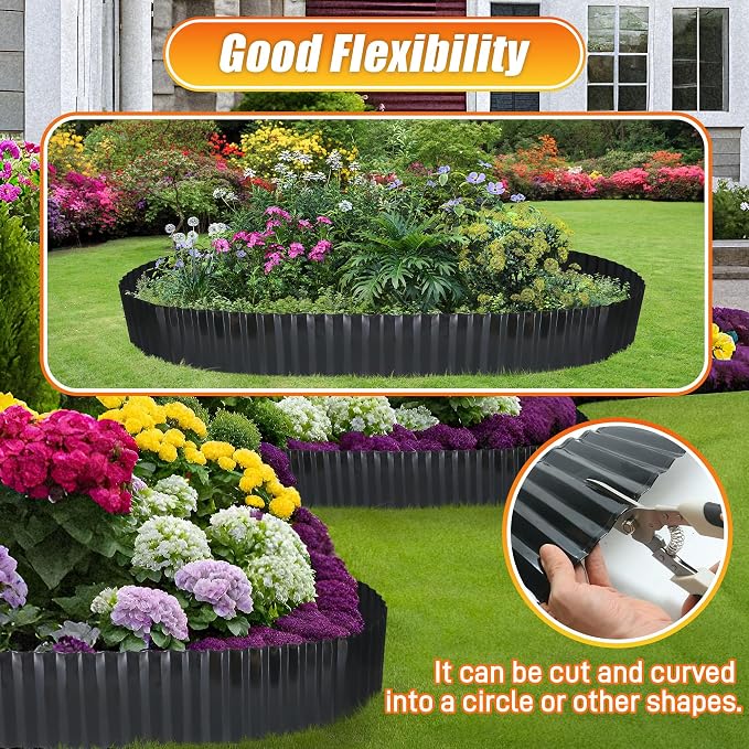 Quibbay Corrugated Metal Garden Edging, 8"×20Ft Metal Landscape Edging for Lawns, Borders and Flower Beds, Metal Garden Edging Border for Garden and Yard, Sturdy Garden Long Strips, Black
