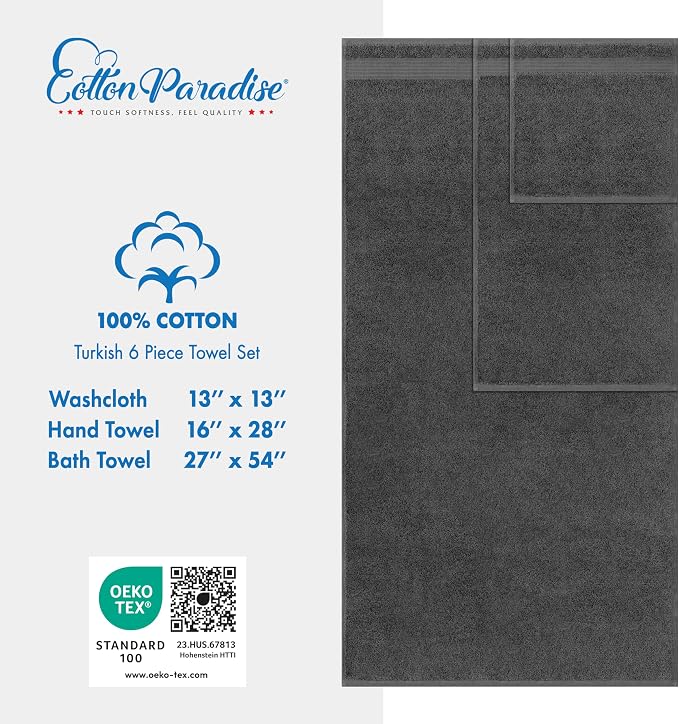 Cotton Paradise Towel Set of 6, 2 Bath Towels, 2 Hand Towels and 2 Washcloths Towels for Bathroom Sets, Smoke Gray