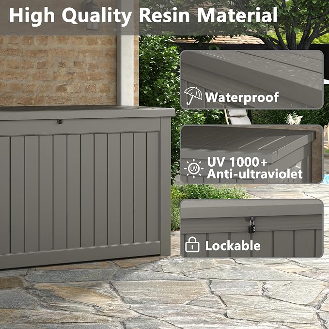 280 Gallon Outdoor Storage Box, Resin Deck Boxes Indoor and outdoor, Waterproof Storage Box Lockable Lid for Garden Tools, Package Delivery, Patio Cushions, Grey