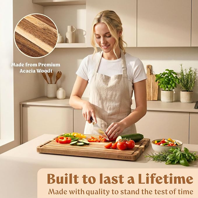 Extra Large Acacia Wood Cutting Board 17x13, Juice Groove | FSC-certified wooden chopping board; knife-friendly, large kitchen boards for meat, cheese, charcuterie & serving