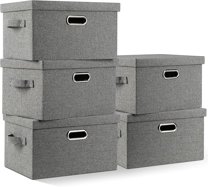 Graciadeco Medium 15" 21 Quart Collapsible Stackable Storage Bins with Lids, 5 Packs Grey Foldable Fabric Closet Boxes Heavy-duty Linen Cube Baskets Container for Bedroom Office (15 x 11 x 8)