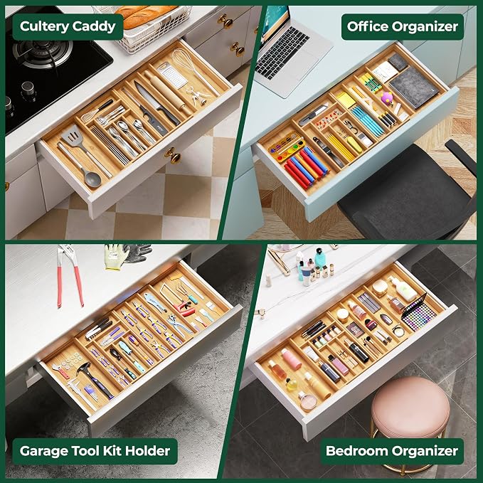 Large Silverware Organizer, 11 Slots Magnetic Connected Expandable Acacia Wood Utensil Drawer Organizer From 21 to 37.4 Inches, Adjustable Flatware and Cutlery Holder, Utensil Tray for Kitchen