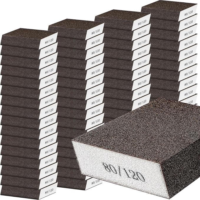 Gisafai 100 Pcs Dual Angle Sanding Sponge Bulk, 80/120 Grit Double Sided Reusable Washable Sponge Sandpaper Block for Drywall, Wood, Metal, Glass, Med/fine