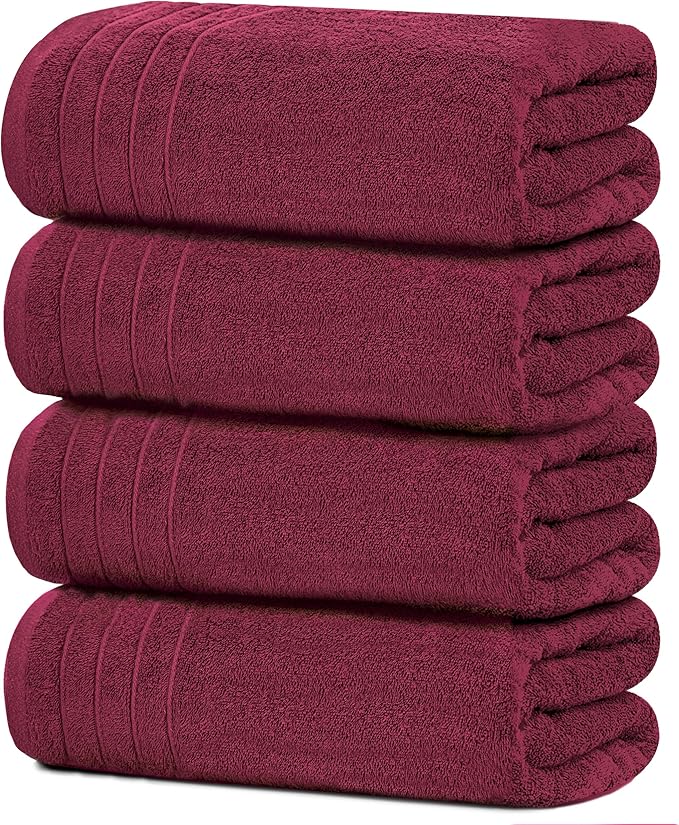 Tens Towels 4 Piece Extra Large Bath Towels 30 x 60 Inches, Burgundy | 100% Cotton, Larger & Lighter Weight, Quicker to Dry, Super Soft and Absorbent, Perfect for Bathroom