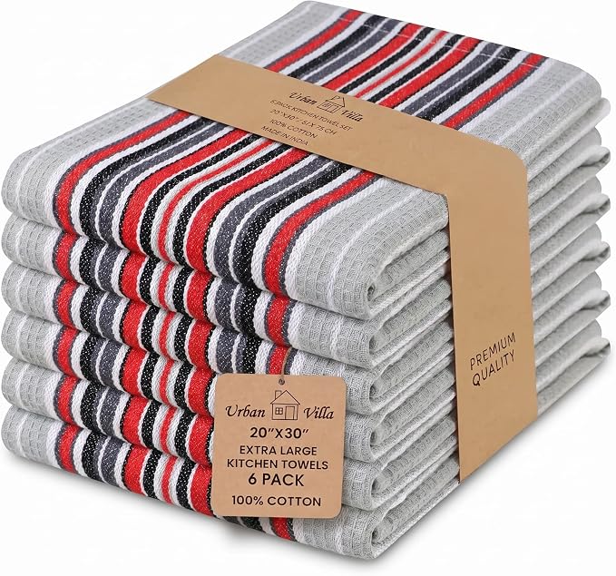 Urban Villa Kitchen Towels Waffle Stripes Dish Towels for Kitchen Grey Color Set of 6 Kitchen Towels Highly Absorbent Cotton Over Sized 20X30 in with Mitered Corners Kitchen Hand Tea Towels