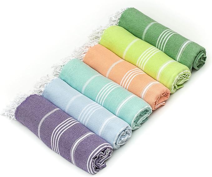 HAVLULAND Turkish Beach Towel Set of 6 Oversized 72x40 100% Turkish Cotton | Soft Hammam Peshtemal, Sand Free, Quick-Dry, Absorbent Bath Towel | Lightweight & Compact for Travel, Pool, Gym, Spa - Summer