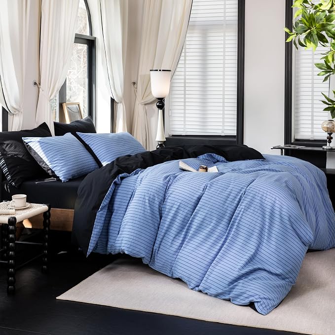 Reversible Duvet Cover Set 100% Washed Cotton Blue Stripe Linen Feel Duvet Cover Queen Size with Zipper Closure & 2 Pillow Shams, Blue/Black Stripe Reverse Solid Black