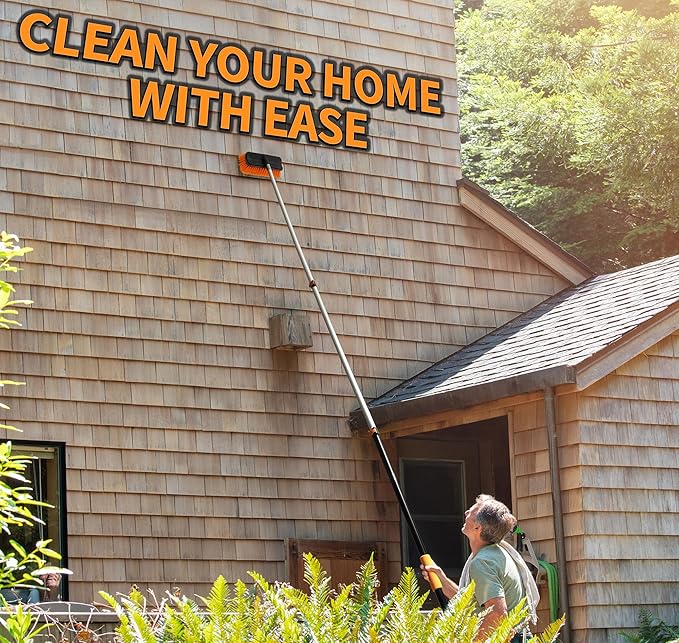Exterior House Cleaning Brush Set with 5-8 ft Extension Pole // Vinyl Siding Brushes with Telescopic Extendable Pole & Window Cleaning Squeegee Tool // The Ultimate Extension Scrub Brush Set