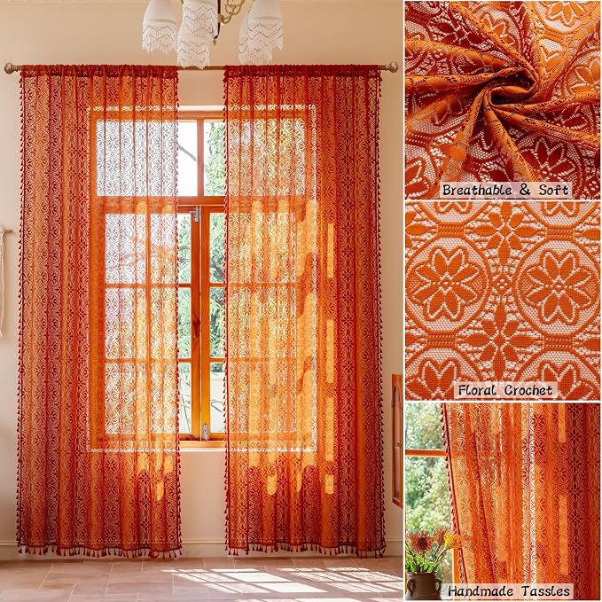 Sutuo Home Boho Floral Lace Curtains for Living Room Home Office, Semi Sheer Orange Curtains Farmhouse Privacy Crochet Vintage Victorian Tassels Rod Pocket Easter Decor, 2 Panels 50" x 96" Terracotta
