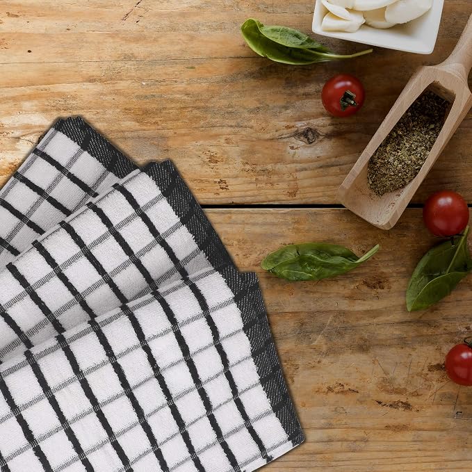 Urban Villa Kitchen Towels Black/White Set of 3 Terry Kitchen Towels 100% Cotton Ultra Soft Size 20X30 Inches Highly Absorbent Over Sized KitchenTowels with Hanging Loop KitchenTowels