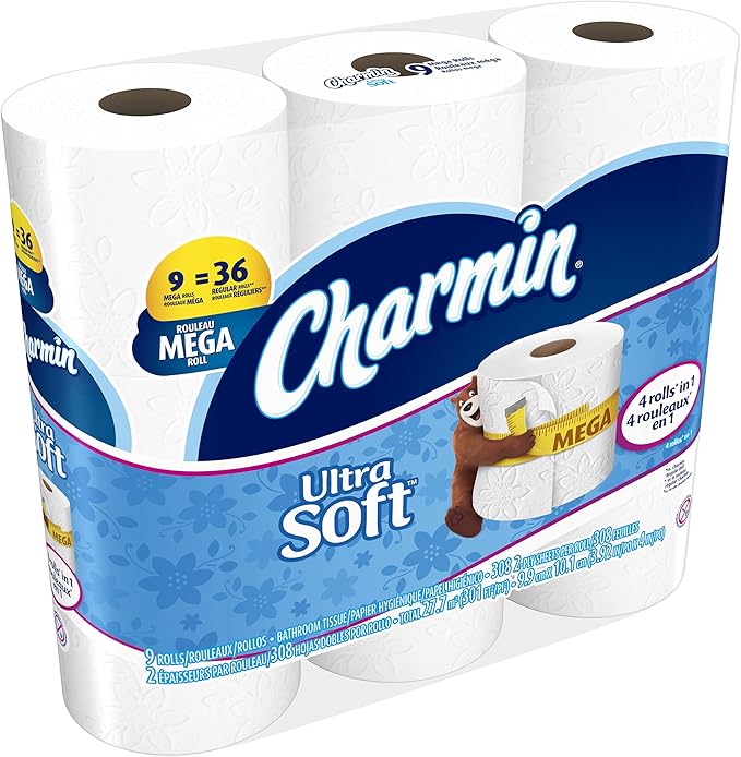 Charmin Ultra Soft Toilet Paper, Bath Tissue, Mega Roll, 9 Count of 308 2-Ply Sheets Per Roll