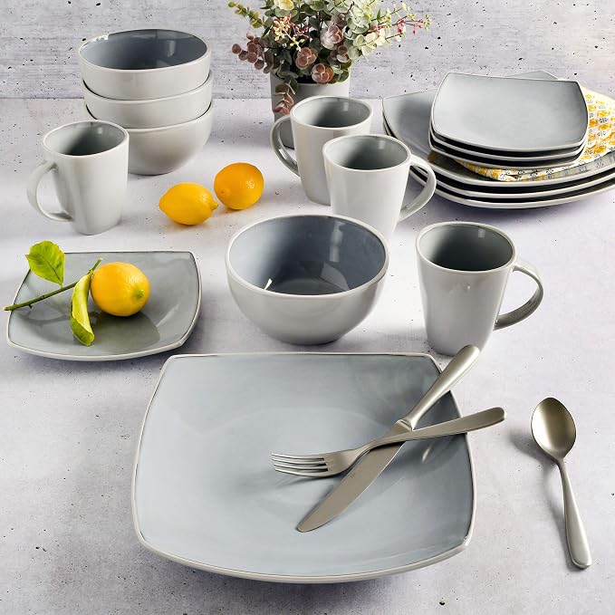 Gibson Elite Soho Lounge Square Reactive Glaze Stoneware Dinnerware Set, Service for 4 (16pc), Light Gray