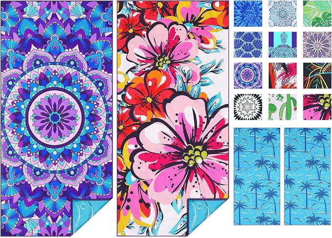 TwoYek Microfiber Beach Towel Extra Large 71x32 Mandala Floral 2 Pack | Thin & Lightweight, Sand Free, Super Absorbent & Quick Dry, Oversized Towels for Beach Bath Pool Swim Travel Essentials Gift