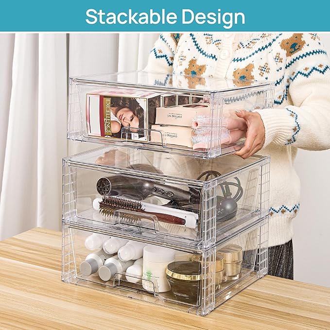 Vtopmart 4 Pack Large Stackable Storage Drawers,Easily Assemble Clear Acrylic Bathroom Closet Undersink Organizers,Plastic Storage Bins for Cabinet,Kitchen Pantry,Medicine Organization