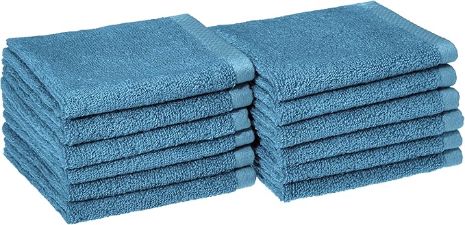 Amazon Basics Soft Cotton Washcloths, Quick-Dry, 12" x 12", 12-Pack, Lake Blue