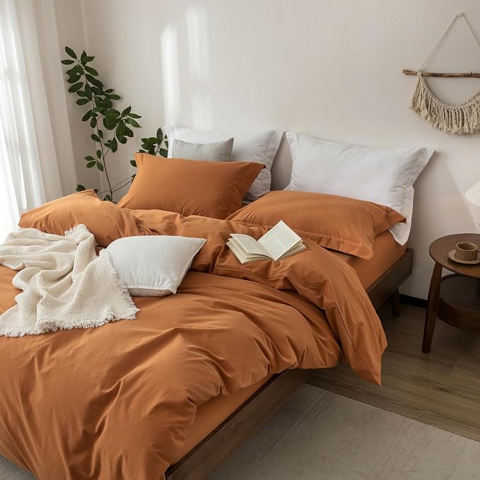 Linen Feel Duvet Cover Queen Size 90inch x 90inch,100% Washed Cotton Duvet Cover with Zipper Closure and 2 Pillowcases, Color of Burnt Orange