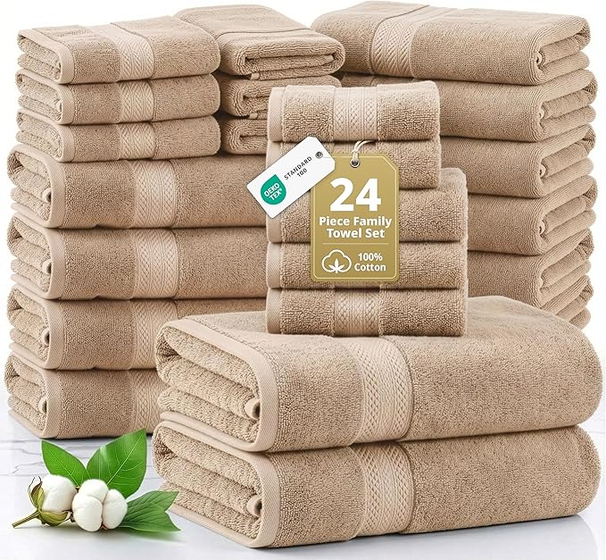 LANE LINEN Towel Set Quick Dry 100% Cotton 24 Piece Soft Absorbent - Beige | Towels And Washcloths - Ring-Spun Durability, Terry Weave Comfort, Soft & Long-Lasting, Easy-Care