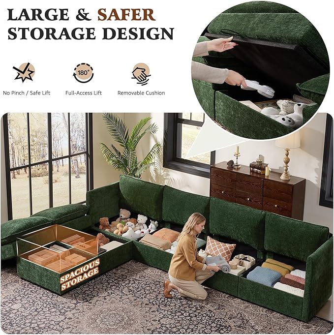 Ihanherry 135” Modular Sectional Sofa with Storage, U Shaped Cloud Couch with Movable Ottomans & 4 Pillows, Chenille Deep Seat Sectional Couches for Living Room, Apartment (Green)
