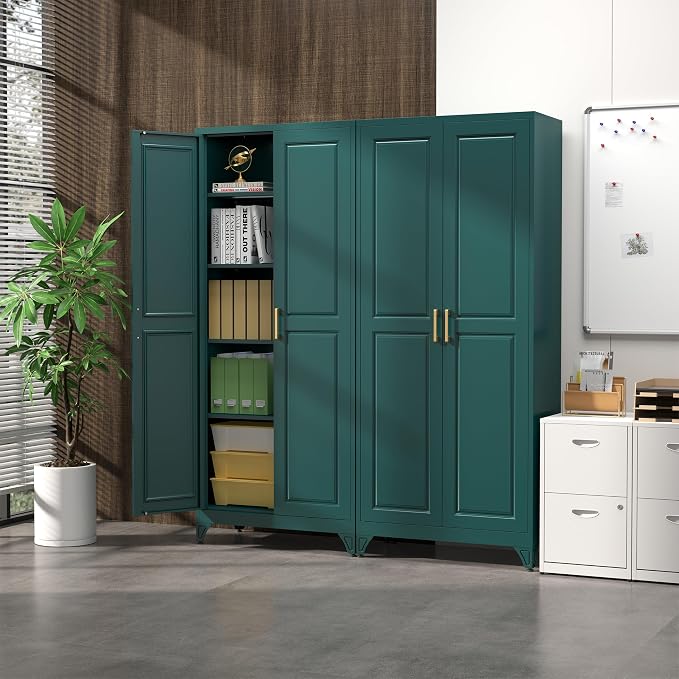 SteeLoong 75”Metal Pantry Storage Cabinet with Doors & 4 Adjustable Shelves | Kitchen Pantry Cabinet,Green Kitchen Cabinet with 2 Gold Handles,Tall Cabinet for Livingroom,Pantry, Bathroom,Kitchen,Garage