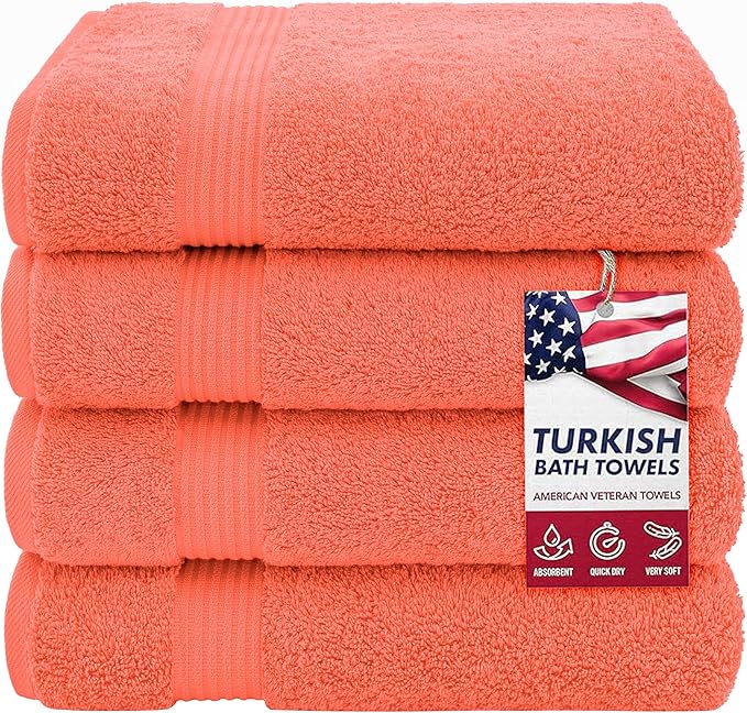 American Veteran Towel, 100% Cotton Turkish Bath Towels for Bathroom 4 Pack, 27x54 Extra Large Premium Soft Drying Bathroom Towels, Aqua Blue