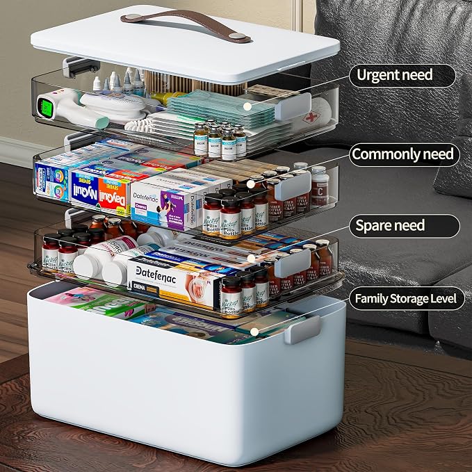 CTIME 4-Tier XL Medicine Organizer - Portable Medicine Cabinet with Leather Handle, Empty First Aid Kit for Home Organization Must, School, Dormitory, Travel, RV, Dorm, Ideal Elderly Gift