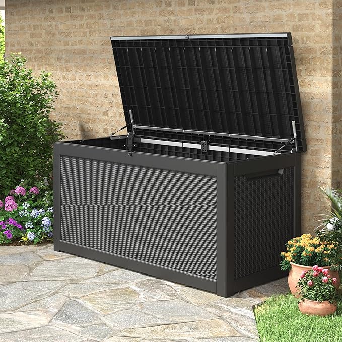 330 Gallon Outdoor Storage Box, Resin Large Deck Box Outdoor Waterproof Storage Bench with Lockable Lid for Patio Cushions, Garden Tools, Package Delivery, Pool Supplies, Black